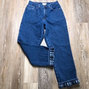 LL Bean plaid flannel lined mom jeans Sz 14 Tall